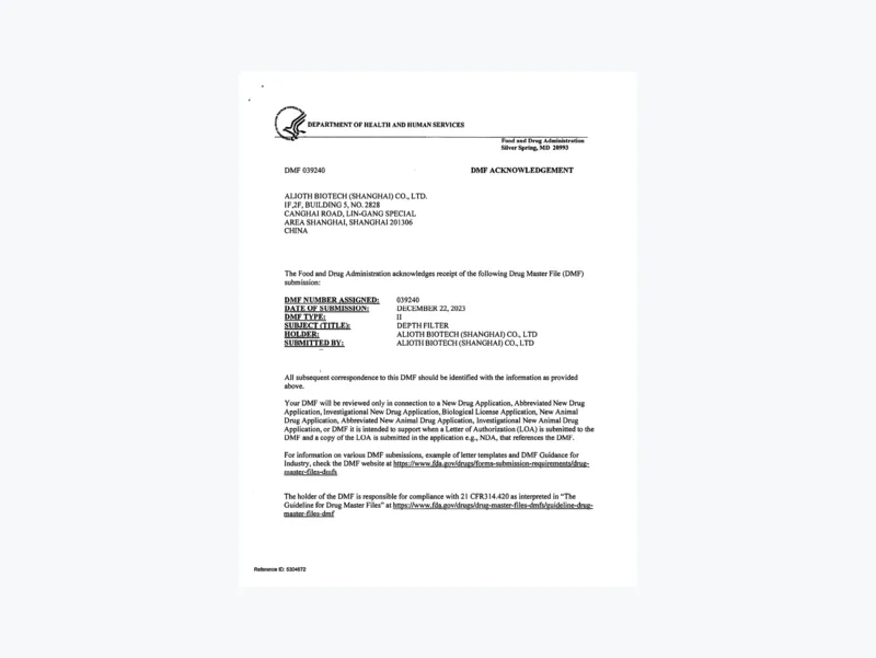 Depth Filter — FDA DMF Type Ⅱ Filed