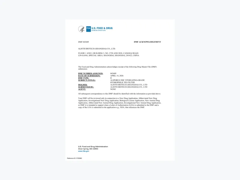 DHC High-Throughput Sterilizing-Grade Hydrophilic Filter — FDA DMF Type Ⅱ Filed